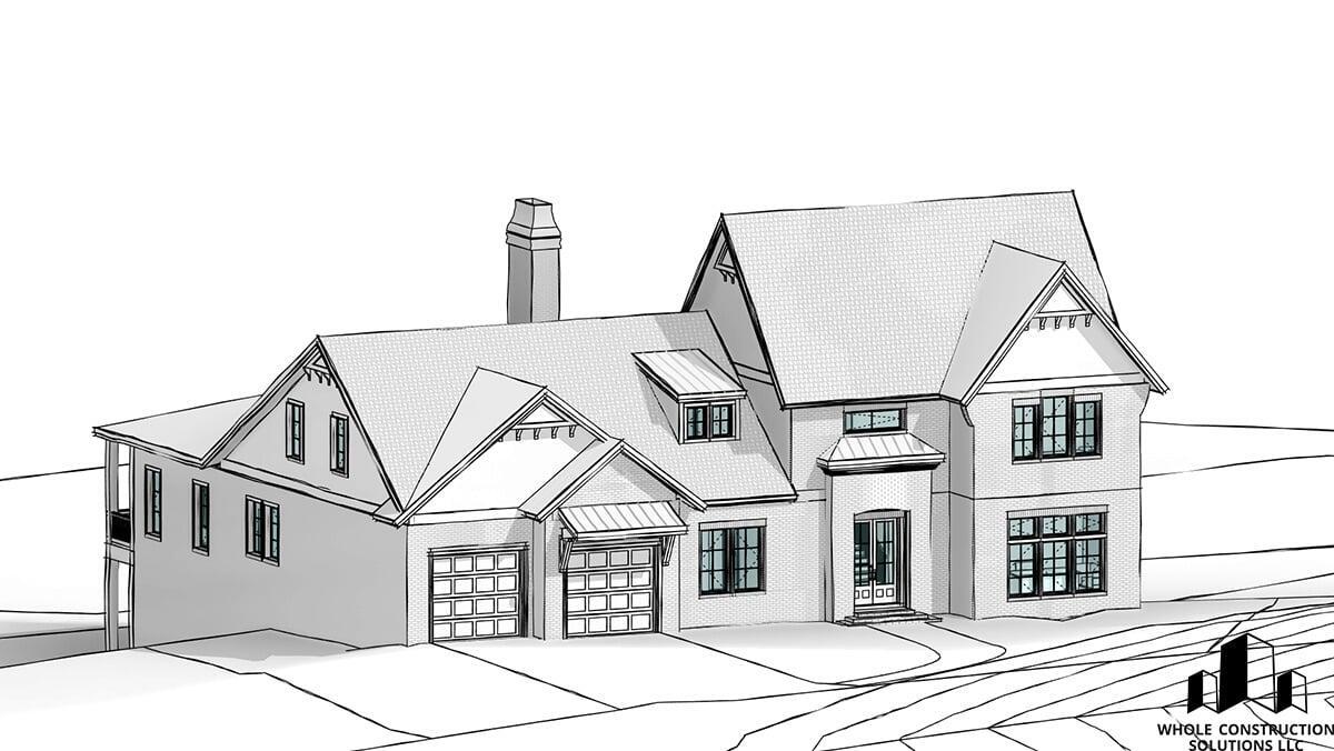 3D rendering of a two-story traditional home with brick accents, double garage, and prominent front gable entry created by Whole Construction Solutions LLC.